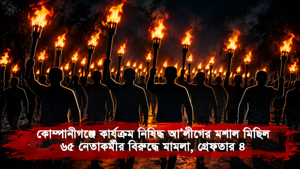 কোম্পানীগঞ্জে কার্যক্রম নিষিদ্ধ আ’লীগের মশাল মিছিল,                           ৬৫ নেতাকর্মীর বিরুদ্ধে মামলা, গ্রেফতার ৪